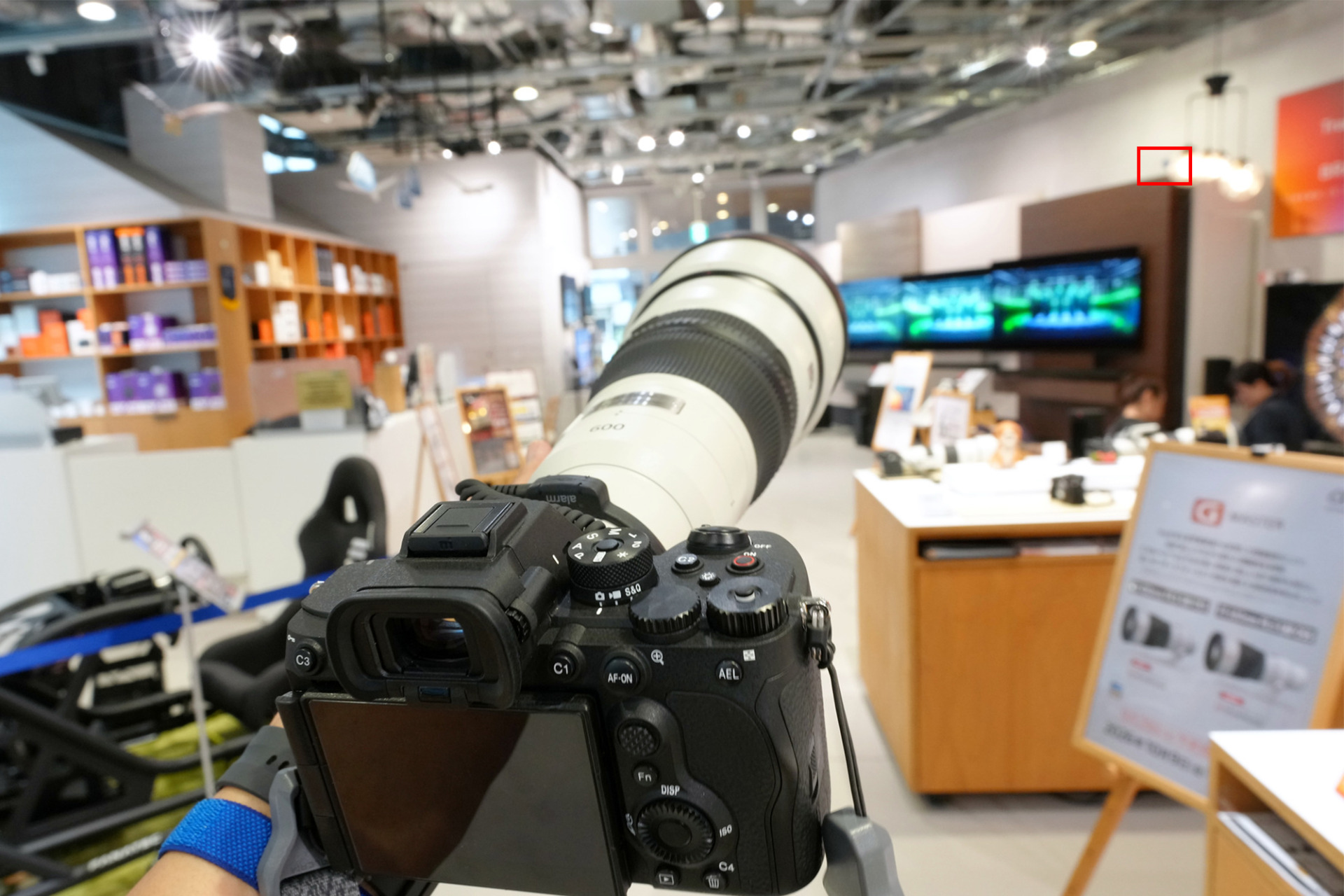 SEL600F63GMを付けたα7R VIで、店内の奥に置いた青い小鳥の置物を狙うところ