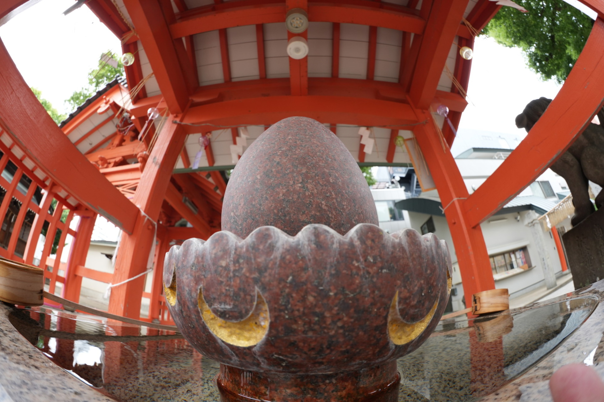SEL814Gの13.5mmで撮った神社の手水鉢と朱色の社殿