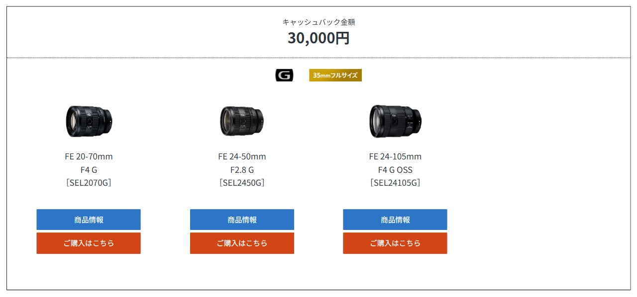 +30,000円キャッシュバック対象のGレンズ3本