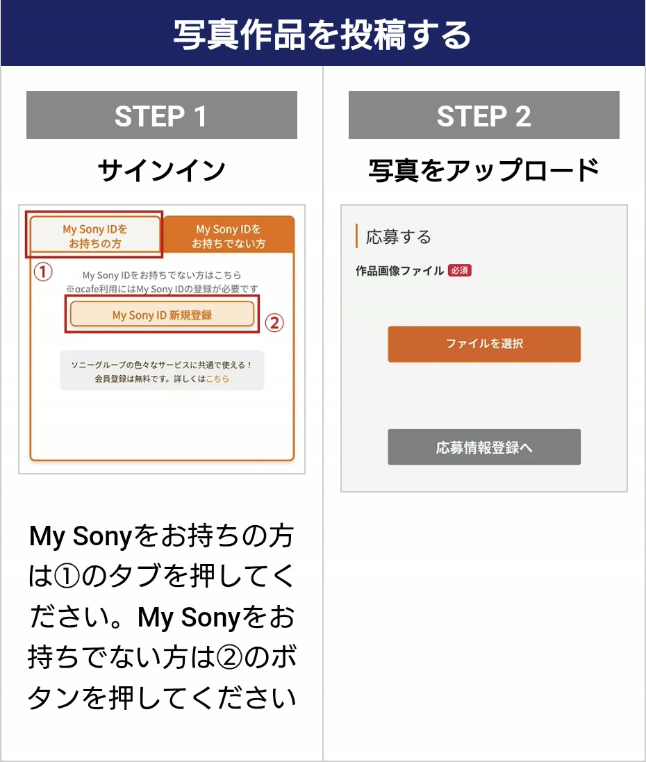 Xperia Lounge 写真作品の投稿方法 STEP1 サインイン STEP2 写真をアップロード