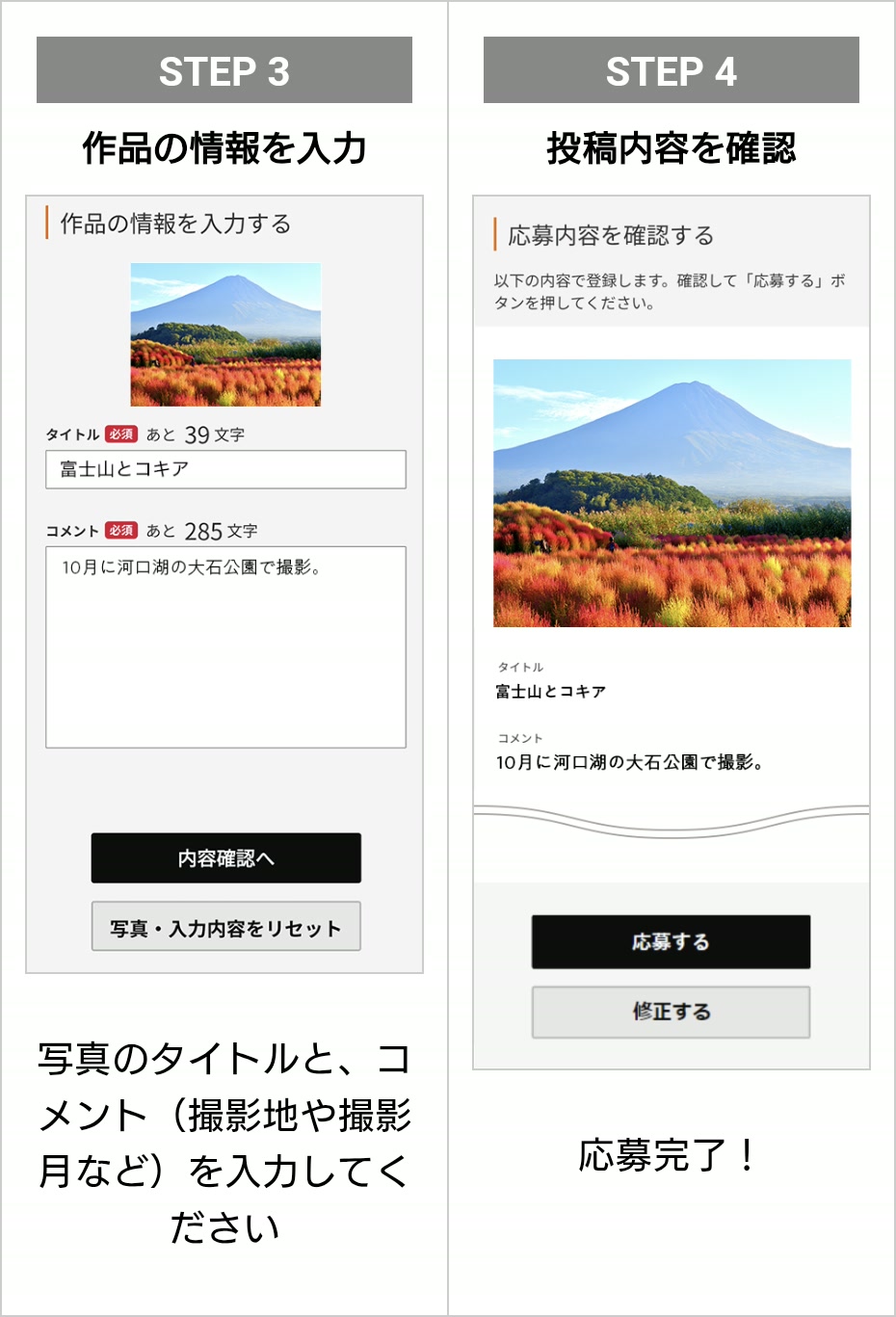 Xperia Lounge 写真作品の投稿方法 STEP3 作品の情報を入力 STEP4 投稿内容を確認