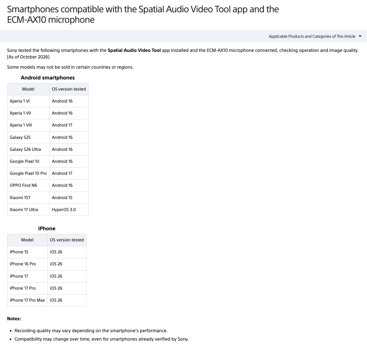 Sony Spatial Audio Video Tool ECM-AX10 動作確認済み端末一覧