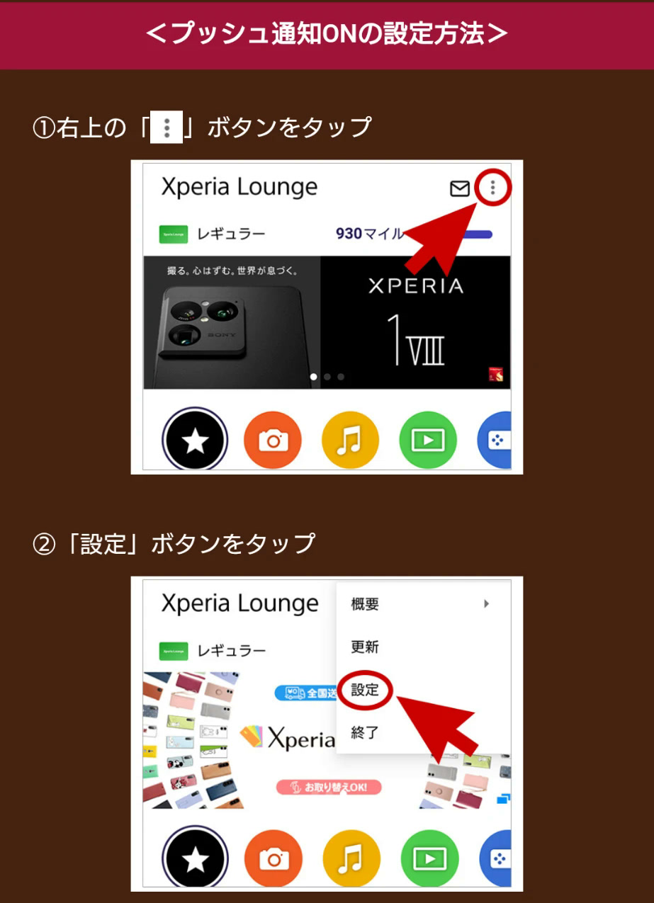 プッシュ通知ONの設定方法 右上の「︙」から「設定」を開く画面