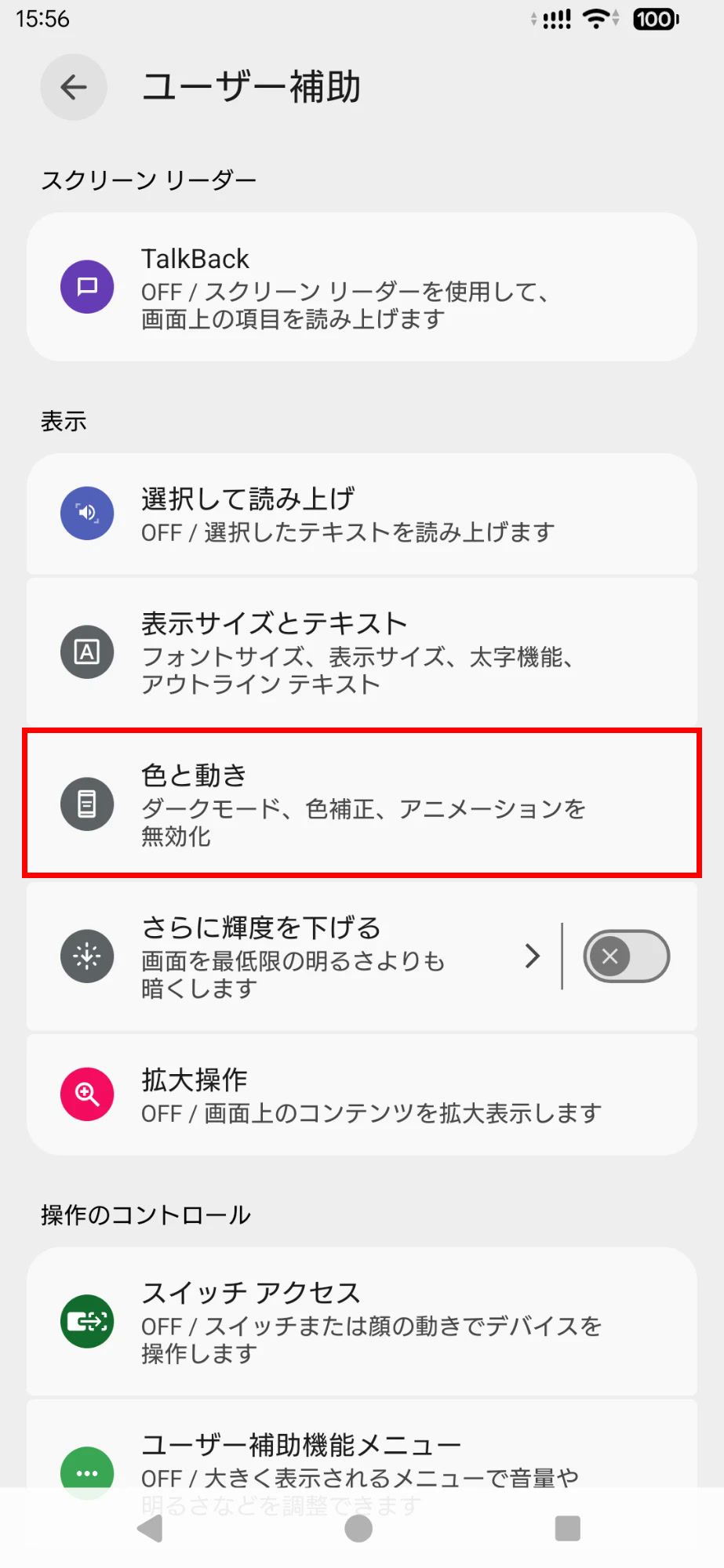 ［ユーザー補助］の［表示］にある［色と動き］