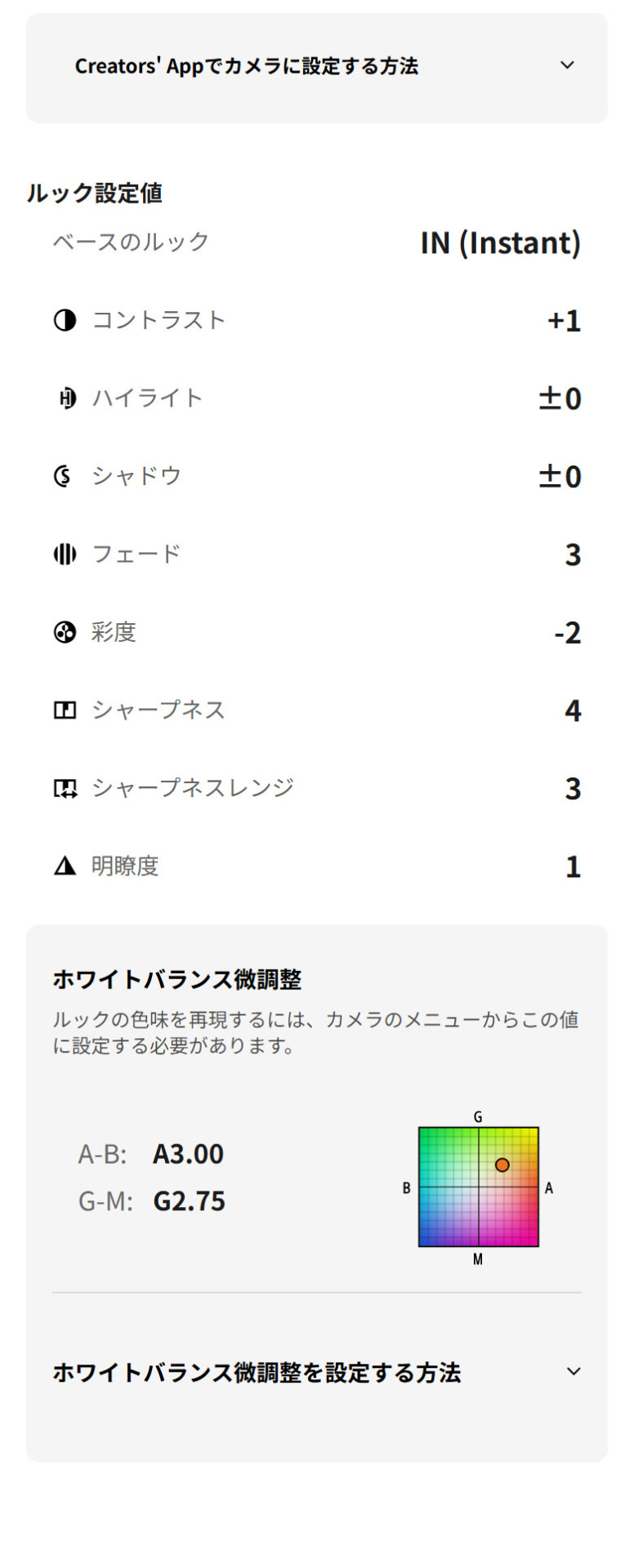 クリエイティブルック Amber Nostalgia ルック設定値